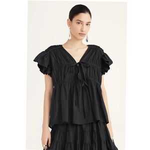 Merlette Mesa Blouse Top Ruched Black Ruffle Flutter Sleeve Cotton XS 283515